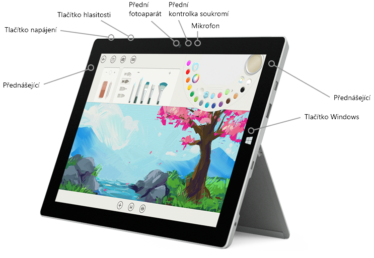 Funkce na přední straně zařízení Surface 3
