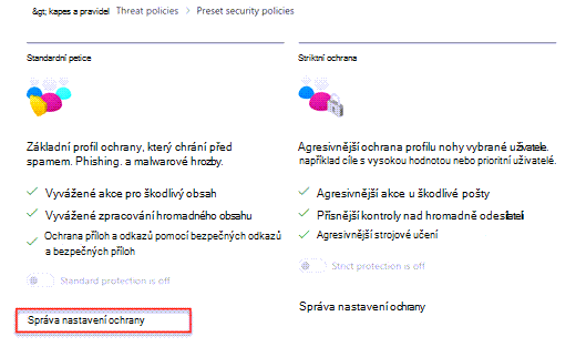 Dialogové okno přednastavených zásad zabezpečení se zvýrazněným odkazem Spravovat nastavení ochrany v části Standardní ochrana