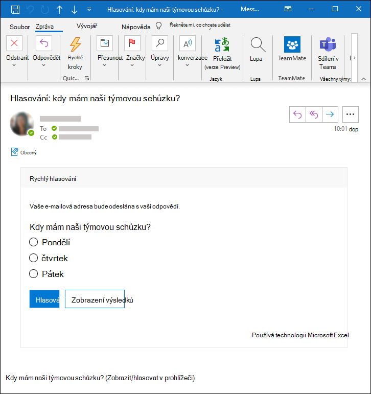 Microsoft Forms hlasování v e-mailové zprávě Outlooku