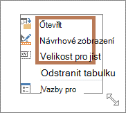 Otevření a příkazy nabídky návrhového zobrazení po kliknutí pravým tlačítkem