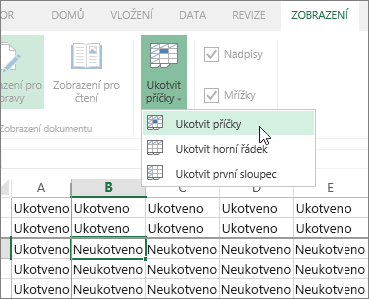 Karta Zobrazení, nabídka Ukotvit příčky, příkaz Ukotvit příčky