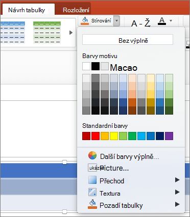 Snímek obrazovky znázorňující kartu Návrh tabulky, kde je vybraná šipka rozevíracího seznamu Stínování, která zobrazuje dostupné možnosti, včetně možnosti Bez výplně, Barvy motivu, Standardní barvy, Další barvy výplně, Obrázek, Přechod, Textura Pozadí tabulky.