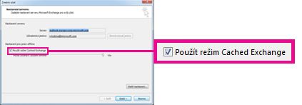 Zaškrtávací políčko Použít režim Cached Exchange v dialogovém okně Změnit účet