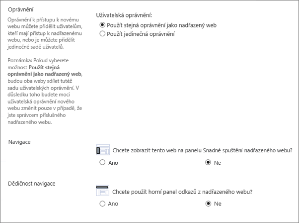 Oddíl 2016 podřízeného webu služby SharePoint dialogového okna showning navigace a oprávnění