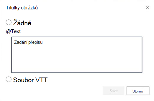 Dialogové okno Text titulků a přepisů