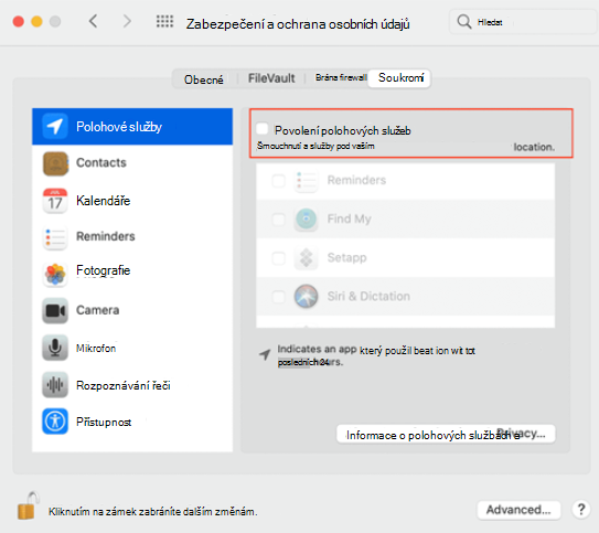 Obrázek znázorňující okno Zabezpečení a ochrana osobních údajů se vyvolaným povolením služeb zjišťování polohy