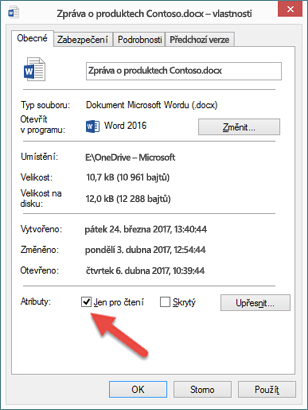 Abyste mohli soubor upravit a uložit, zrušte zaškrtnutí políčka Jen pro čtení.