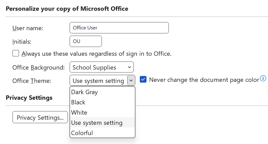 Rozevírací seznam pro motiv Office rozbalený v dialogovém okně Možnosti.