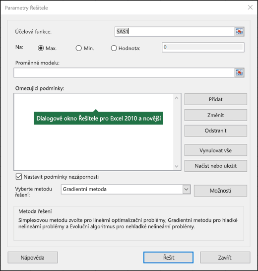 Obrázek dialogového okna Řešitel v Excelu 2010