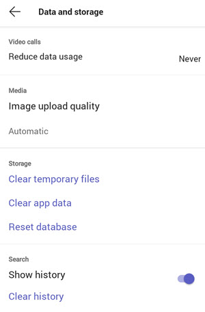 Data a úložiště Teams pro Android