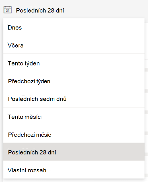 Rozevírací nabídka časových rámců, které jsou k dispozici pro zobrazení dat 