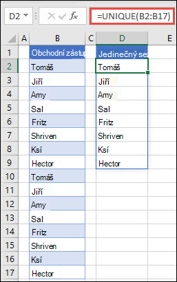 Použití funkce UNIQUE k seřazení seznamu jmen