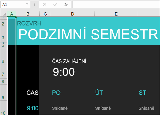 Starší excelová šablona správce studia na vysoké škole bez popisu jednotlivých prvků