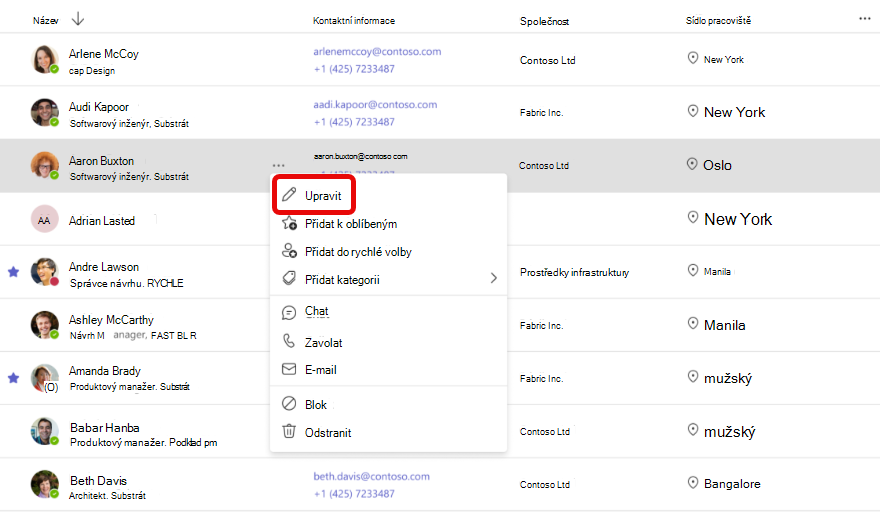 Snímek obrazovky s pracovním postupem pro úpravu kontaktních údajů v aplikaci Teams Lidé