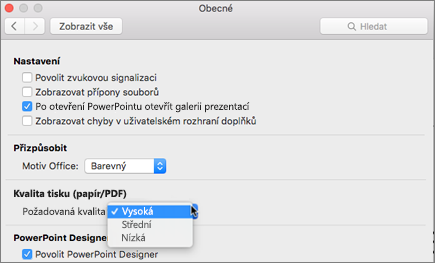 Nastavení kvality tisku souboru PDF na vysokou, střední nebo nízkou