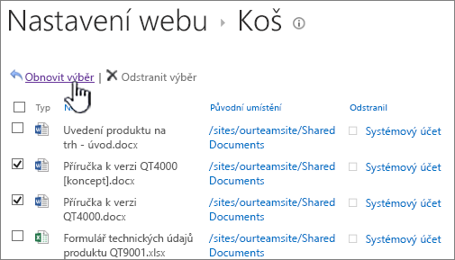 Odpadkový koš SharePointu 2013 na druhé úrovni se zvýrazněným tlačítkem Obnovit