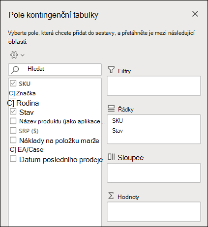 Pole kontingenční tabulky v Excelu pro web