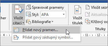 Přejděte na Vložit citaci a vyberte Přidat nový pramen.