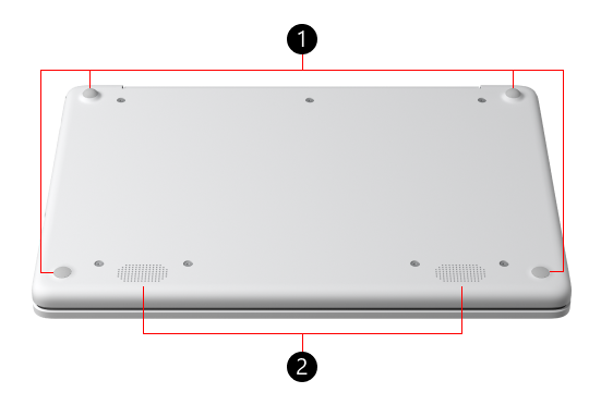 Spodní Surface Laptop s čísly v blízkosti různých fyzických funkcí zařízení.