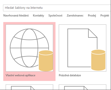 Tlačítko Vlastní webová aplikace na úvodní obrazovce.