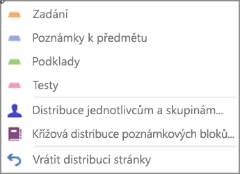 Rozevírací seznam Distribuovat stránky s možnostmi Zadání, Poznámky k předmětu, Podklady, Kvízy, Distribuce jednotlivcům a skupinám, Distribuce do více poznámkových bloků a Zrušit distribuci stránky