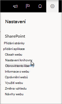 Nabídka Nastavení s vybranou možností Nastavení knihovny