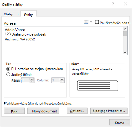 Dialogové okno Obálky a štítky – štítky
