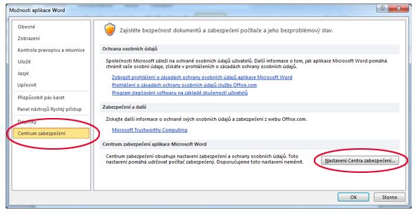Možnosti Wordu zobrazující Nastavení Centra zabezpečení