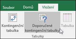 Pokud chcete, aby Excel vytvořil kontingenční tabulku za vás, přejděte na Vložení > Doporučené kontingenční tabulky.