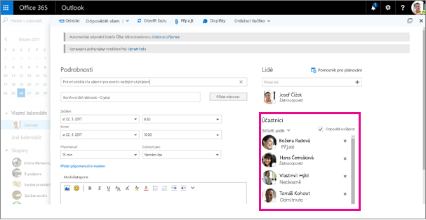 Událost kalendáře se zvýrazněným seznamem účastníků