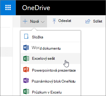 Nabídka pro nové OneDrive, příkaz sešit aplikace Excel