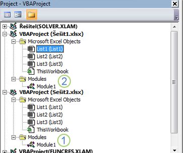 Průzkumník projektu jazyka VBA