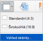 Zobrazuje možnost Vzhled stránky v nabídce Velikost snímku.