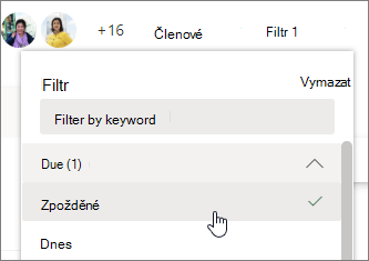 Snímek obrazovky v Planneru s výběrem možnosti Pozdě v nabídce Filtr