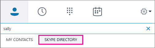 Když je zvýrazněna možnost Adresář Skypu, můžete hledat osoby s účtem Skype.