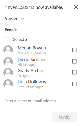 Nabídka pro výběr skupin nebo členů, kteří mají být upozorněni na nové nahrávání v SharePointu