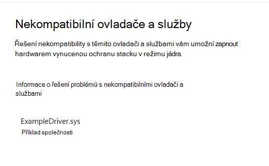 Stránka Nekompatibilních ovladačů a služeb pro hardwarem vynucenou ochranu zásobníku v režimu jádra v aplikaci Zabezpečení Windows se zobrazeným nekompatibilním ovladačem Nekompatibilní ovladač se nazývá ExampleDriver.sys a publikuje ho "Ukázková společnost".