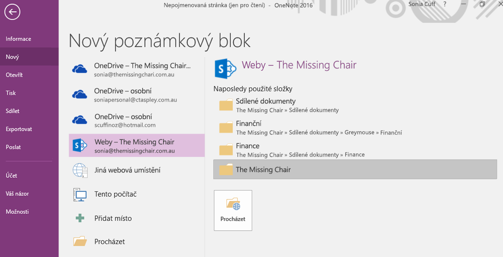 OneNote pro Windows 2016 – Složka Nový poznámkový blok, rozhraní pro výběr