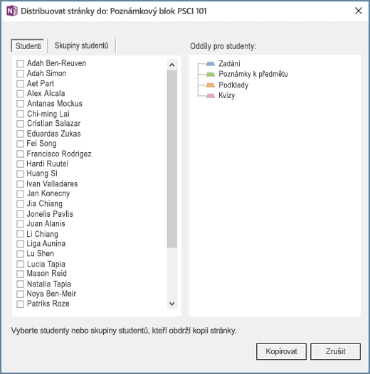 Podokno Distribuovat stránky se seznamem jmen jednotlivých studentů se zaškrtávacími políčky a seznamem cílových oddílů poznámkových bloků studentů