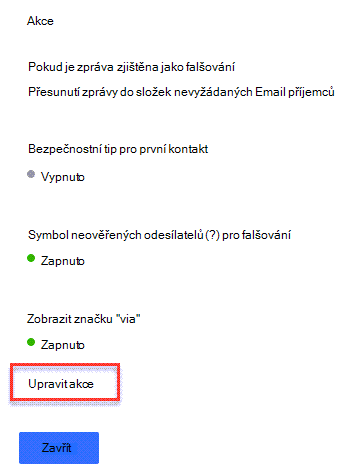 Panel akcí zásad ochrany před útoky phishing se šipkou ukazující na odkaz Upravit akce.