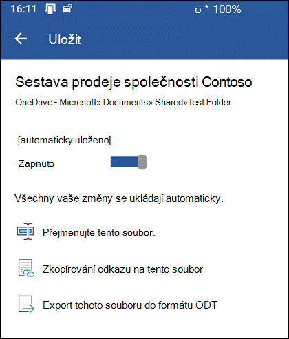 Nabídka uložit ve Wordu pro Android