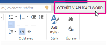 Tlačítko Otevřít v aplikaci Word v zobrazení pro úpravy ve Wordu Online