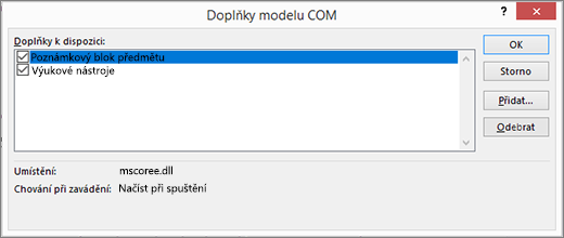 Podokno Doplňky modelu COM