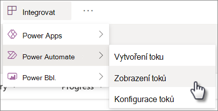 Zobrazení seznamu příkazů toků v nabídce Integrace Power Automate