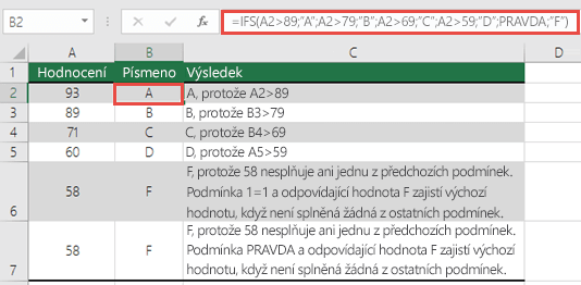 Funkce IFS – příklad Hodnocení.  Vzorec v buňce B2 je  =IFS(A2>89;"A"A2>79;"B";A2>69;"C",A2>59;"D";PRAVDA;"F")