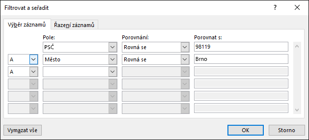 V rámci wordové hromadné korespondence vyberte Upravit seznam příjemců a v tomto seznamu vyberte Filtrovat.