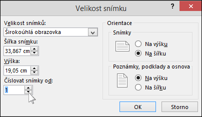 Zobrazuje dialogové okno s velikostí snímku v PowerPointu.