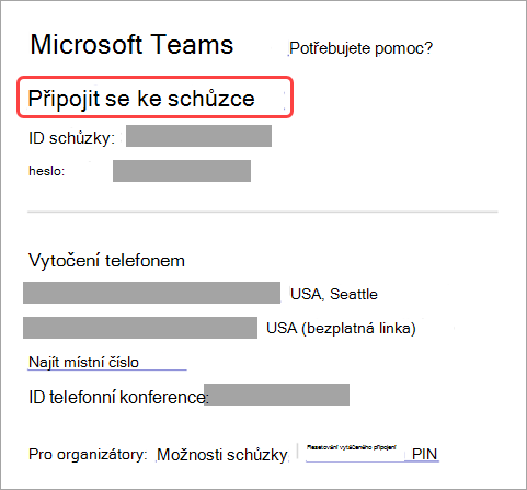 Snímek obrazovky znázorňující, jak se připojit ke schůzce z pozvánky