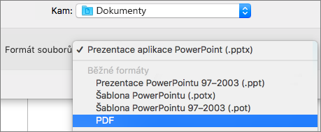 Ukazuje možnost PDF v seznamu formátů souboru v dialogovém okně Uložit jako v PowerPoint 2016 pro Mac.