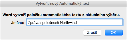 Dialogové okno Vytvořit nový automatický text